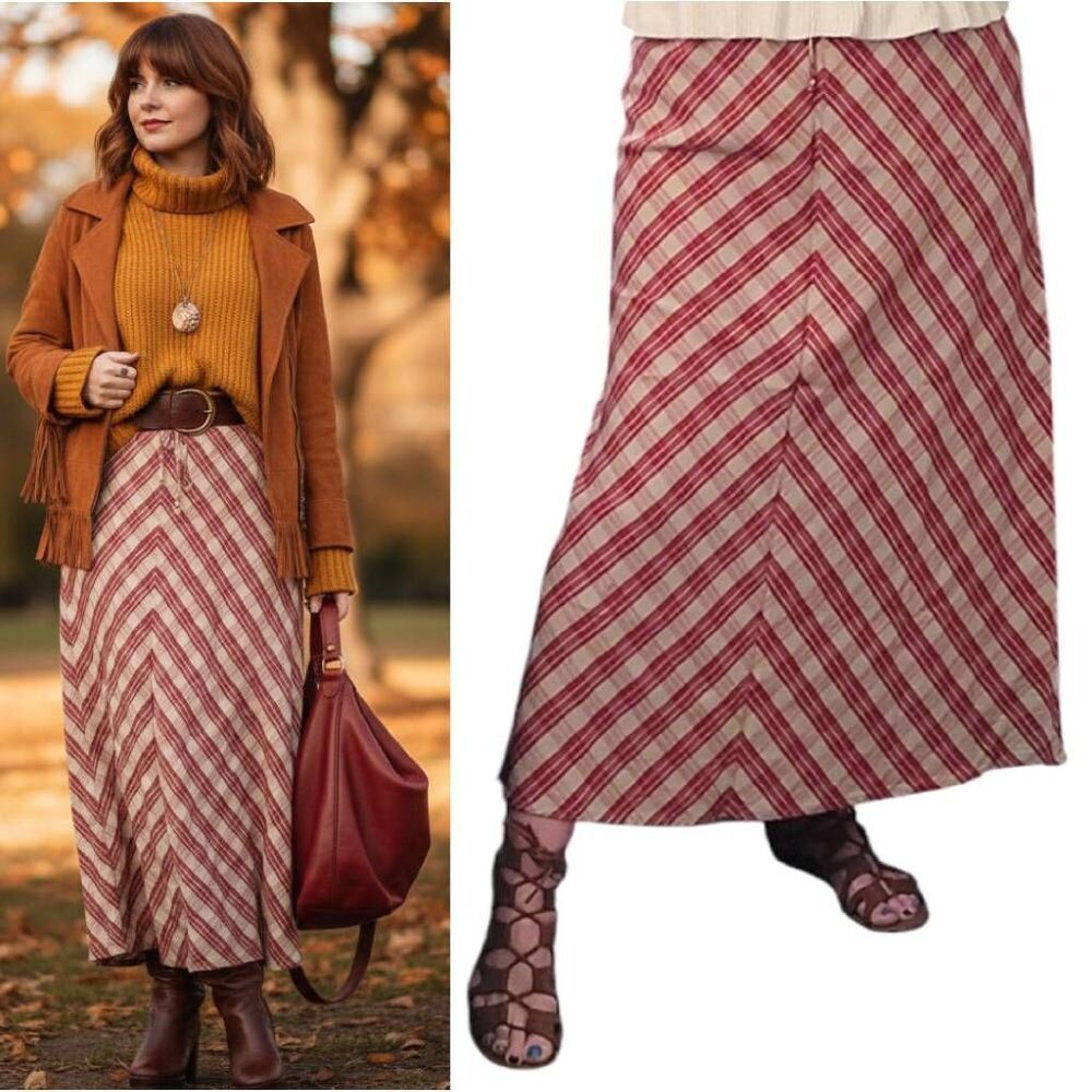 VTG 70s Red Tan Chevron Plaid Prairie Maxi Skirt SZ 10 Flax Blend High Waist